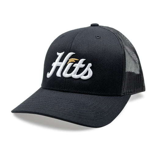 black trucker hat with big white Hits logo