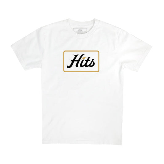 White t-shirt with Hits Logo on white BG