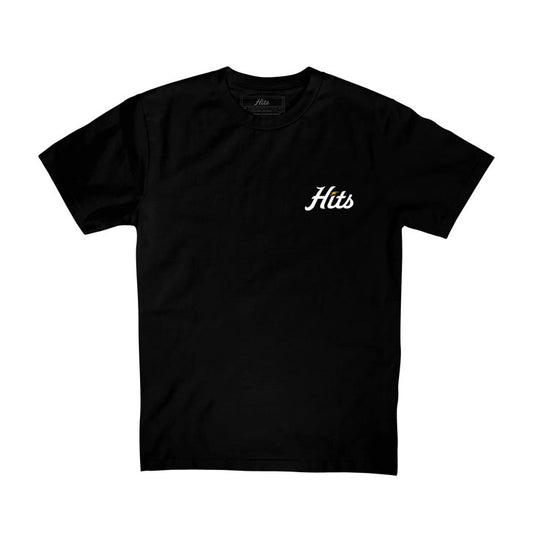 Black t-shirt front small white Hits logo on chest