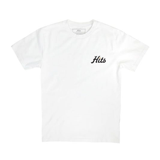 White t-shirt front small Black Hits logo on chest