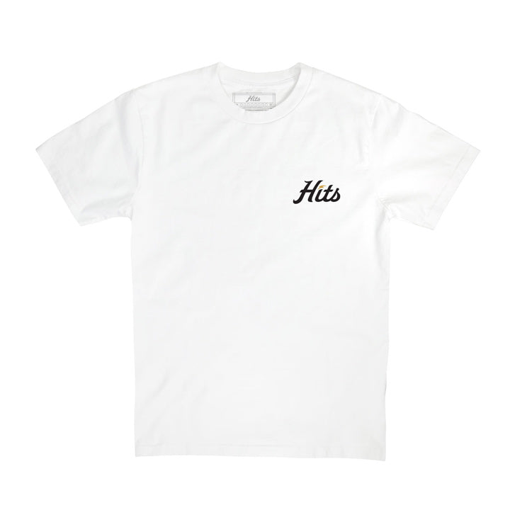 White t-shirt front small Black Hits logo on chest
