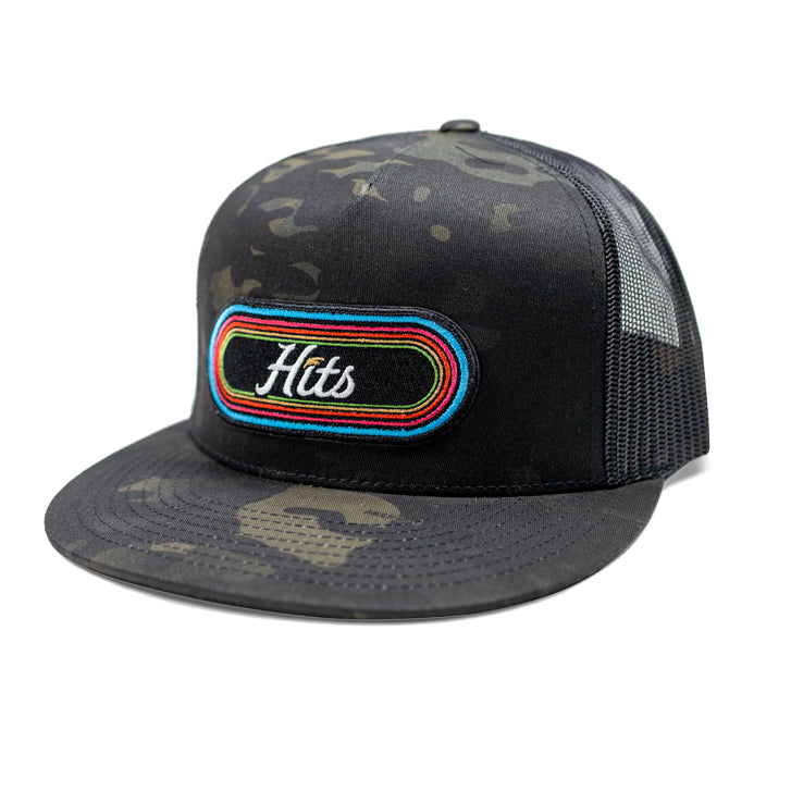 camo trucker hat with black hits logo patch