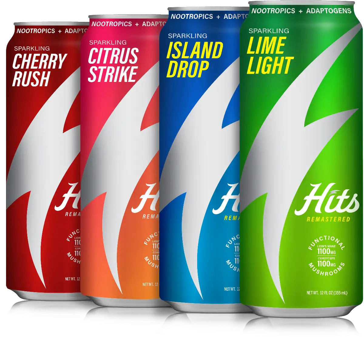 Four cans of Hits Remastered drinks in different flavors on a white background